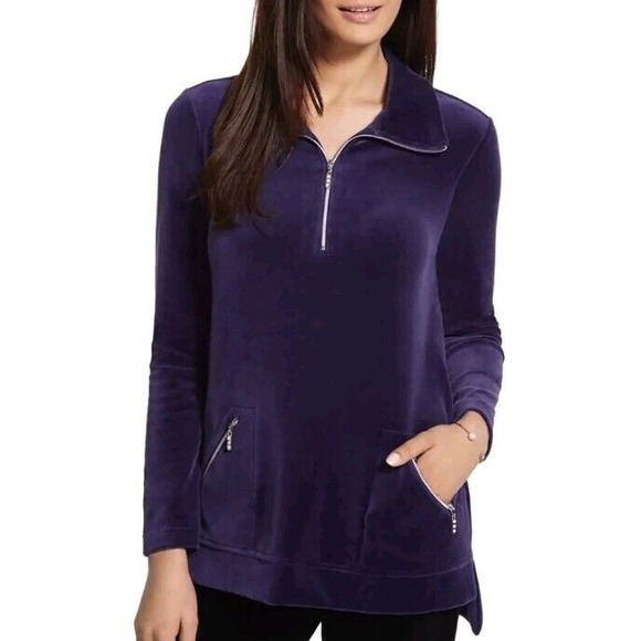 Zenergy Chico's Size L 2 purple Soft Velvet Zip Sweatshirt Jacket Pockets Bling - Picture 11 of 11